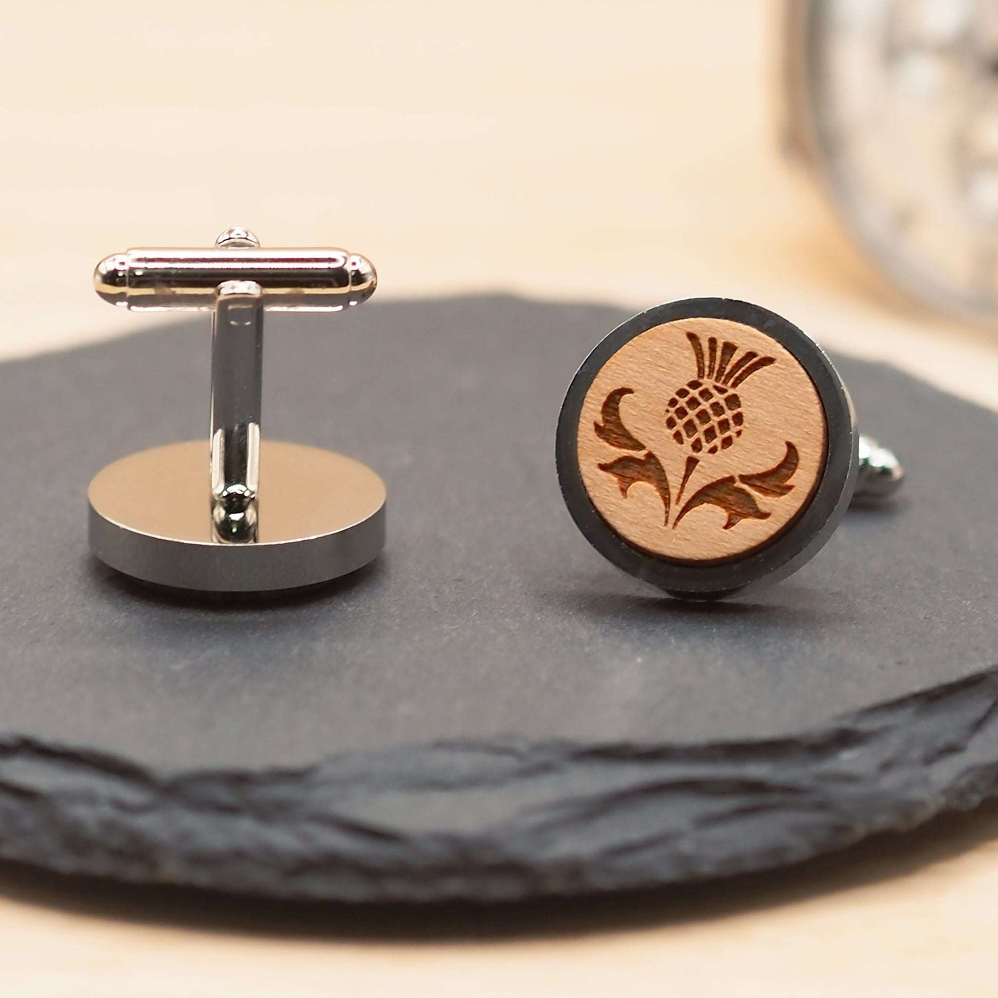 Thistle wooden cufflinks. Scottish thistle inspired cuff links made on Skye.