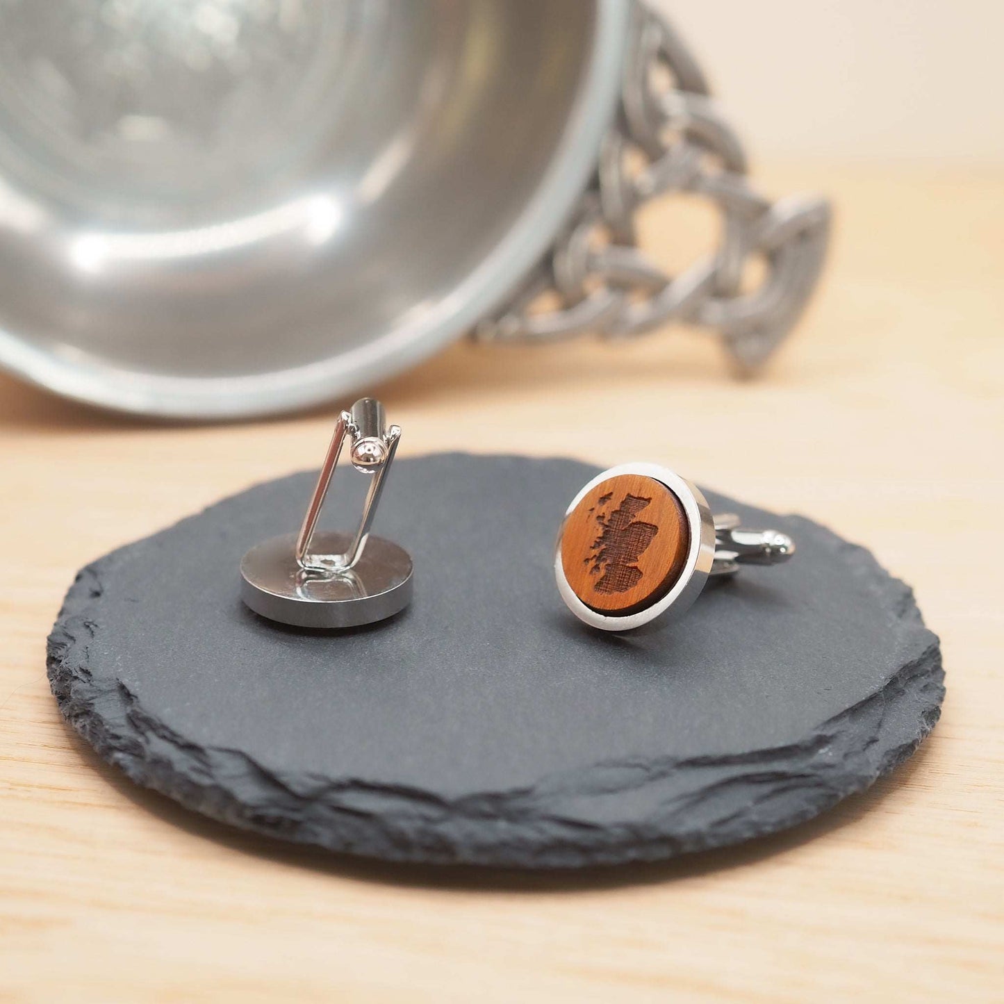 Eco-friendly Scotland outline wooden cufflinks with map engraving, silver rhodium bezel, and eco-friendly box.
