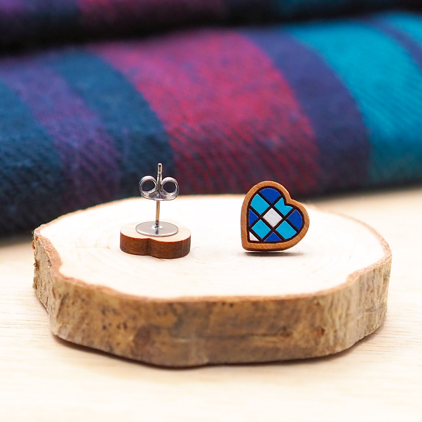 Blue Plaid Heart Stud Earrings