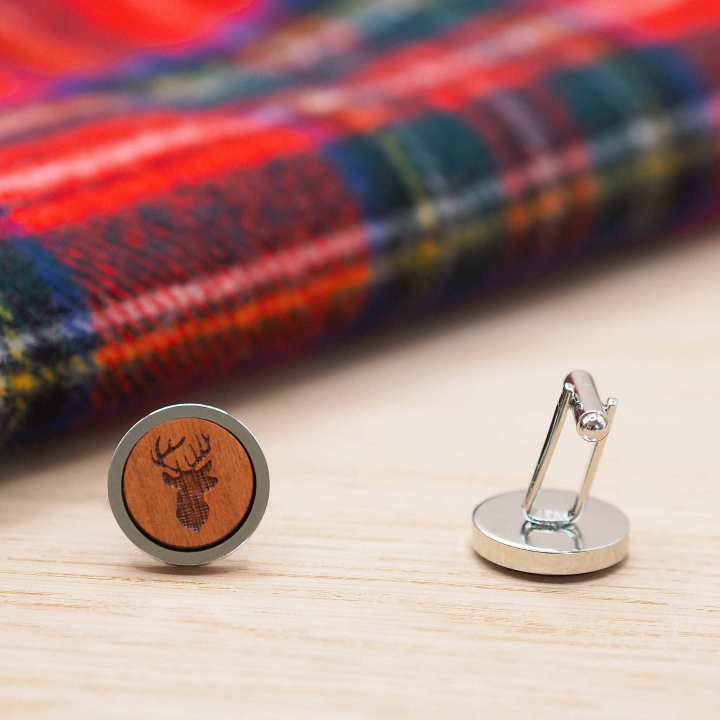 Stag head wooden cufflinks with cherry wood design in rhodium bezel, eco-friendly gift packaging.
