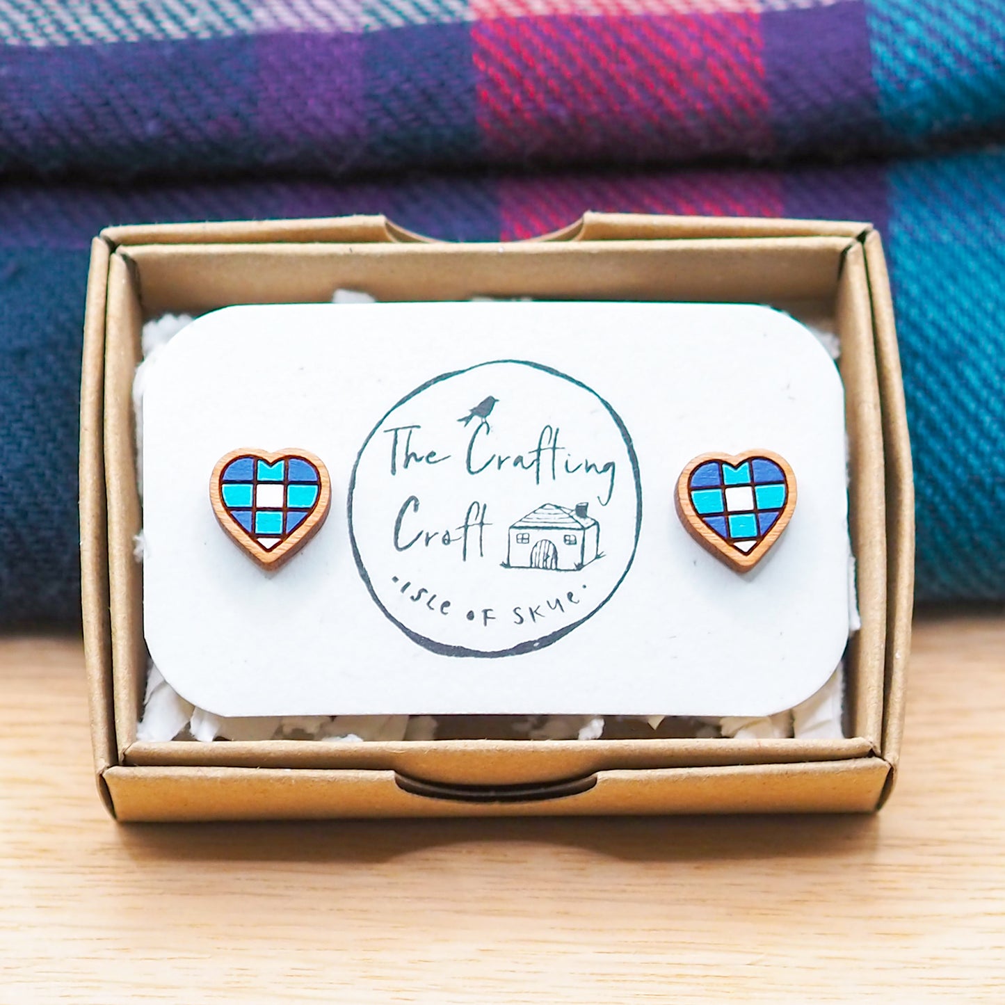 Blue Plaid Heart Stud Earrings