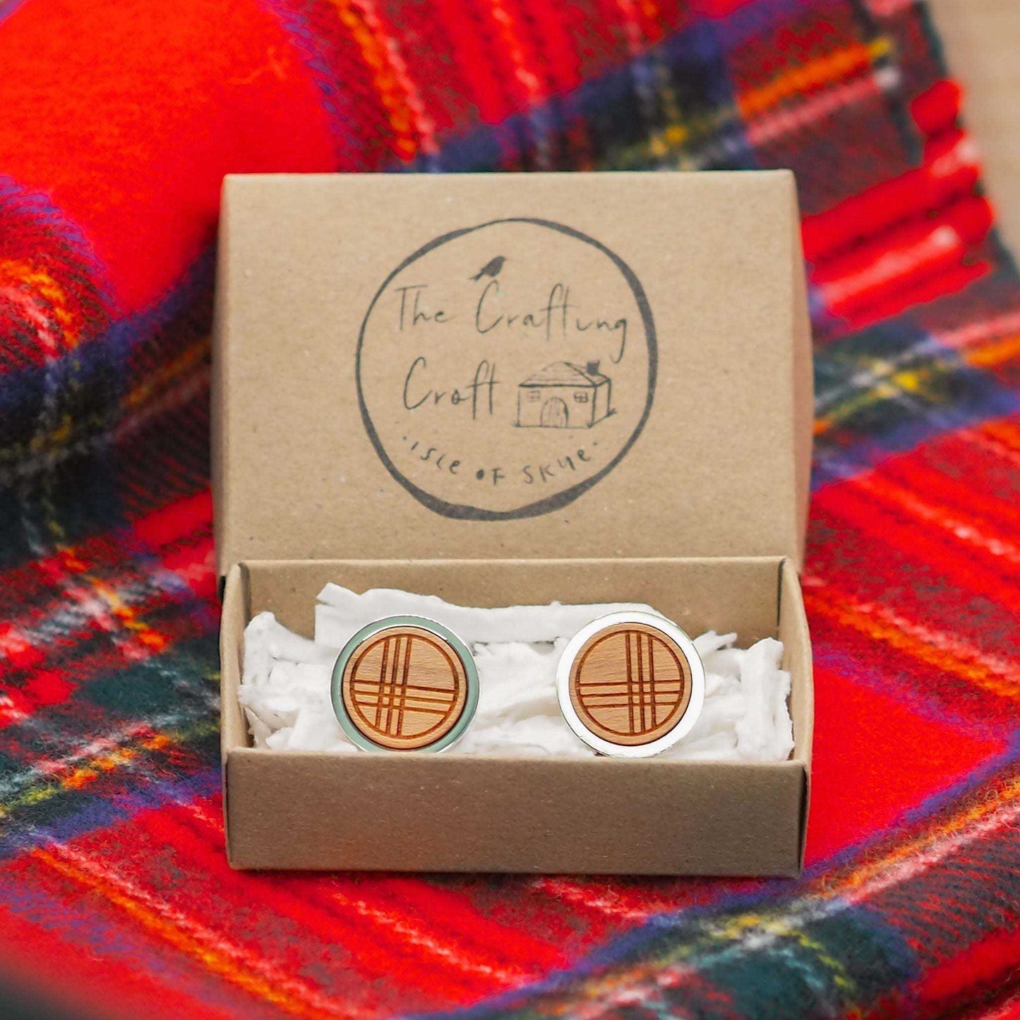 Tartan inspired wooden cufflinks in eco-friendly box on tartan fabric.
