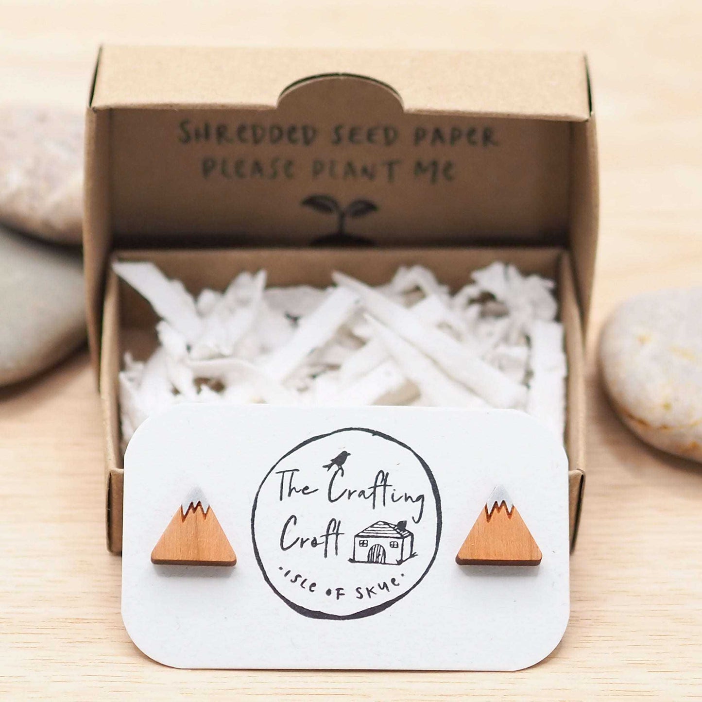 Hand-painted mountain stud earrings made of solid cherry wood with surgical steel backs, packaged in an eco-friendly gift box.