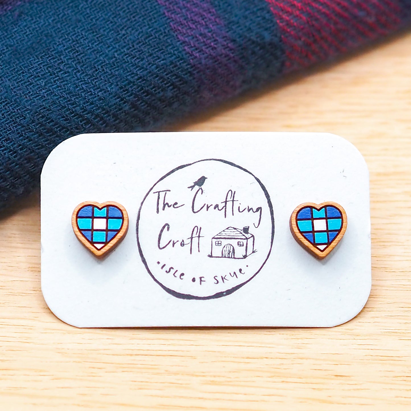 Blue Plaid Heart Stud Earrings