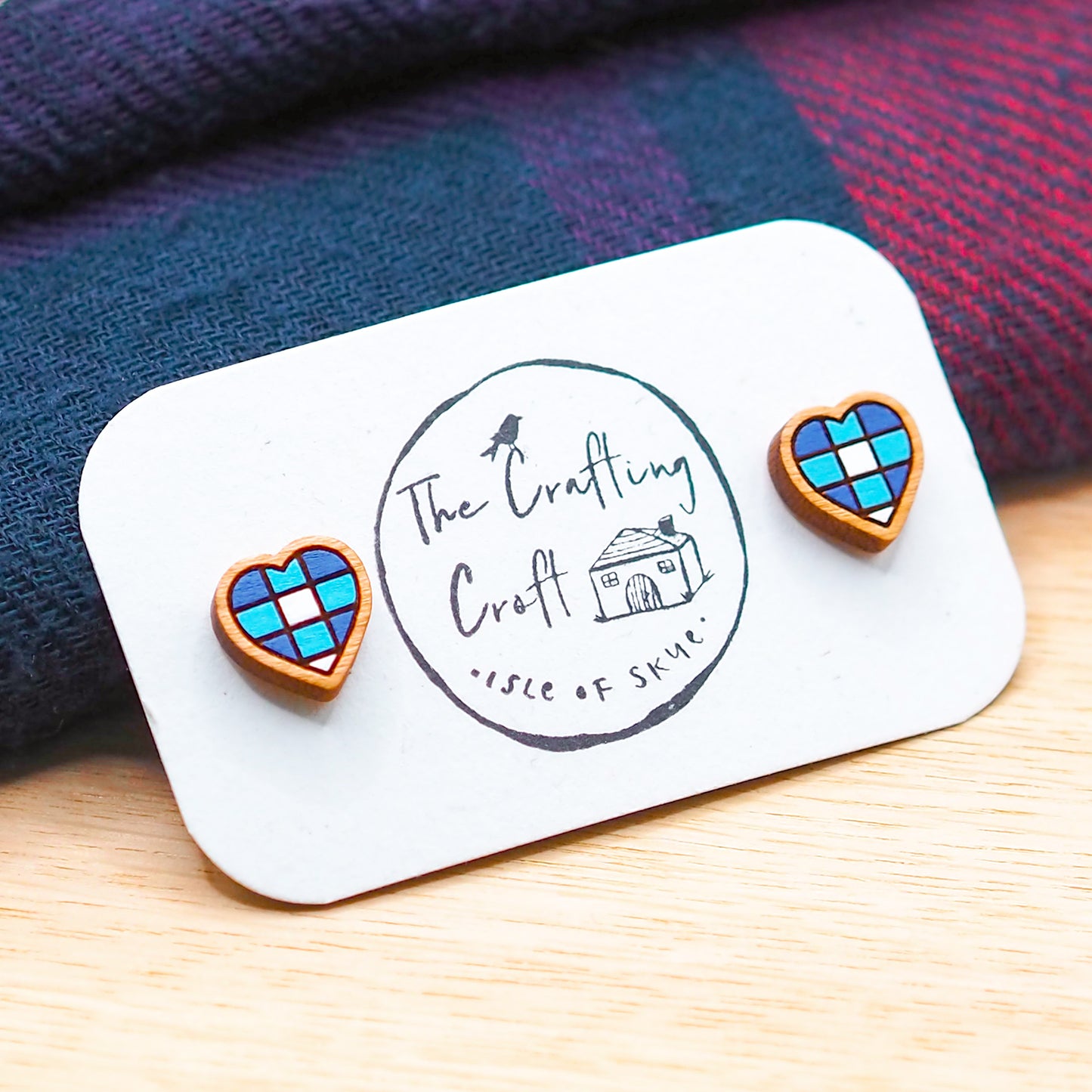 Blue Plaid Heart Stud Earrings