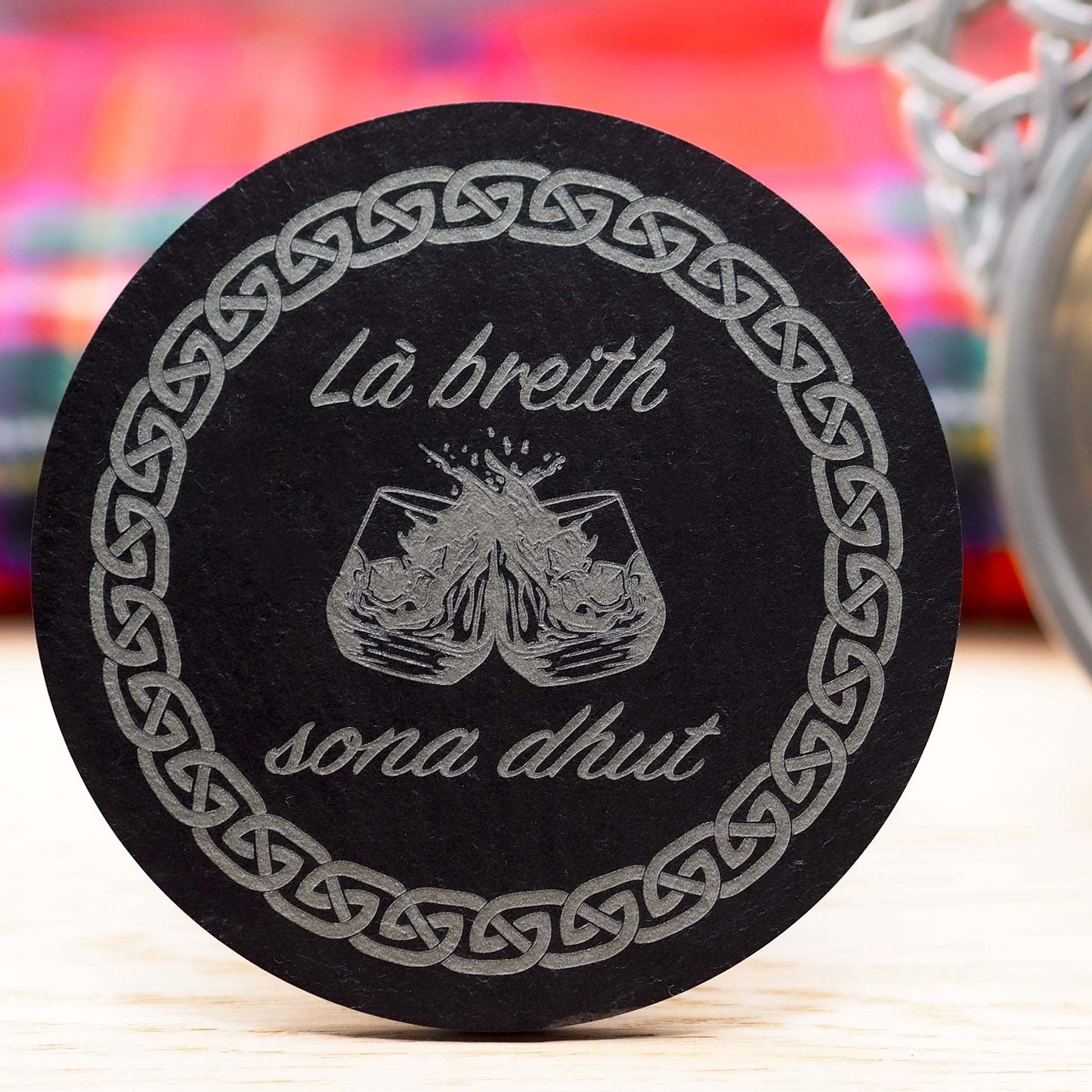 Gaelic Happy Birthday engraved slate coaster with Celtic band and drams.