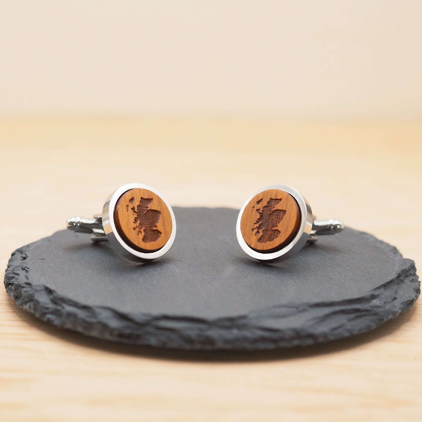 Eco-friendly Scotland outline wooden cufflinks with engraved map in rhodium bezel.