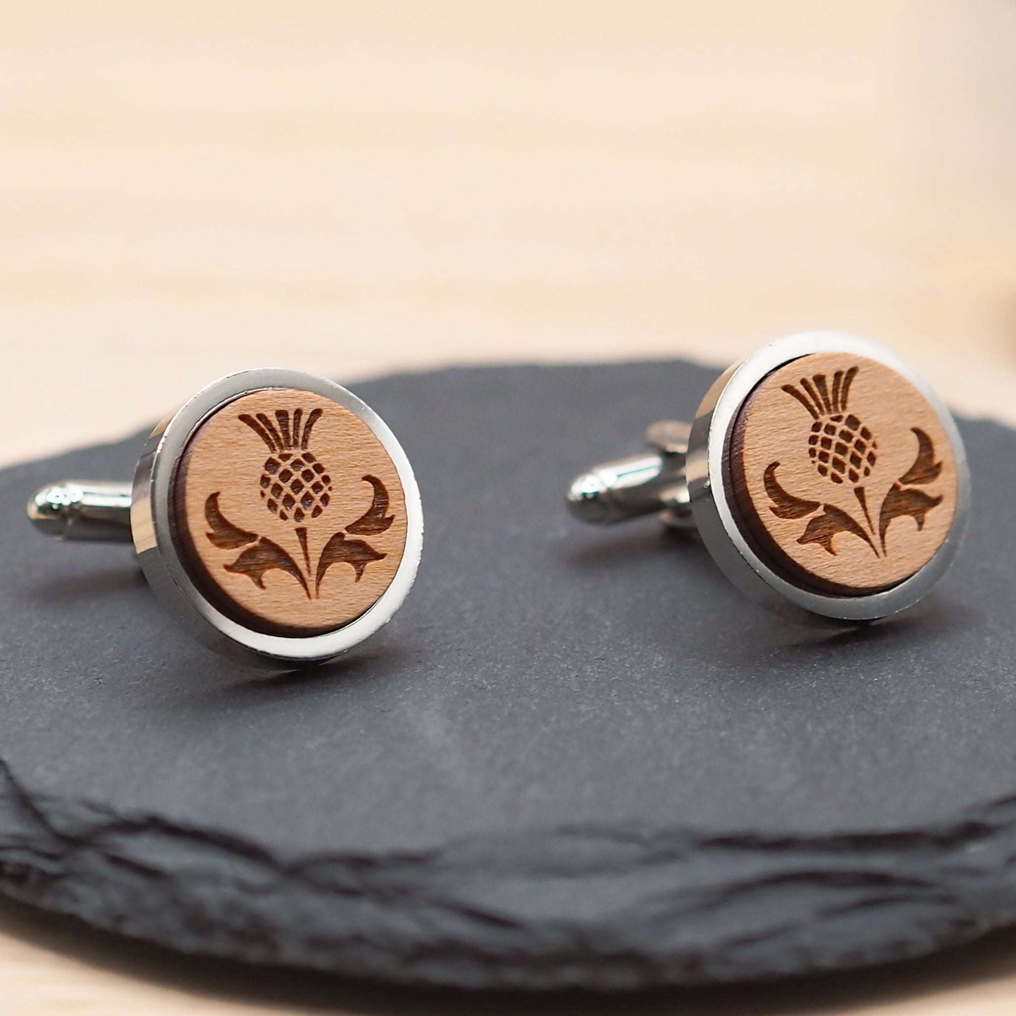 Thistle wooden cufflinks engraved on solid cherry wood.