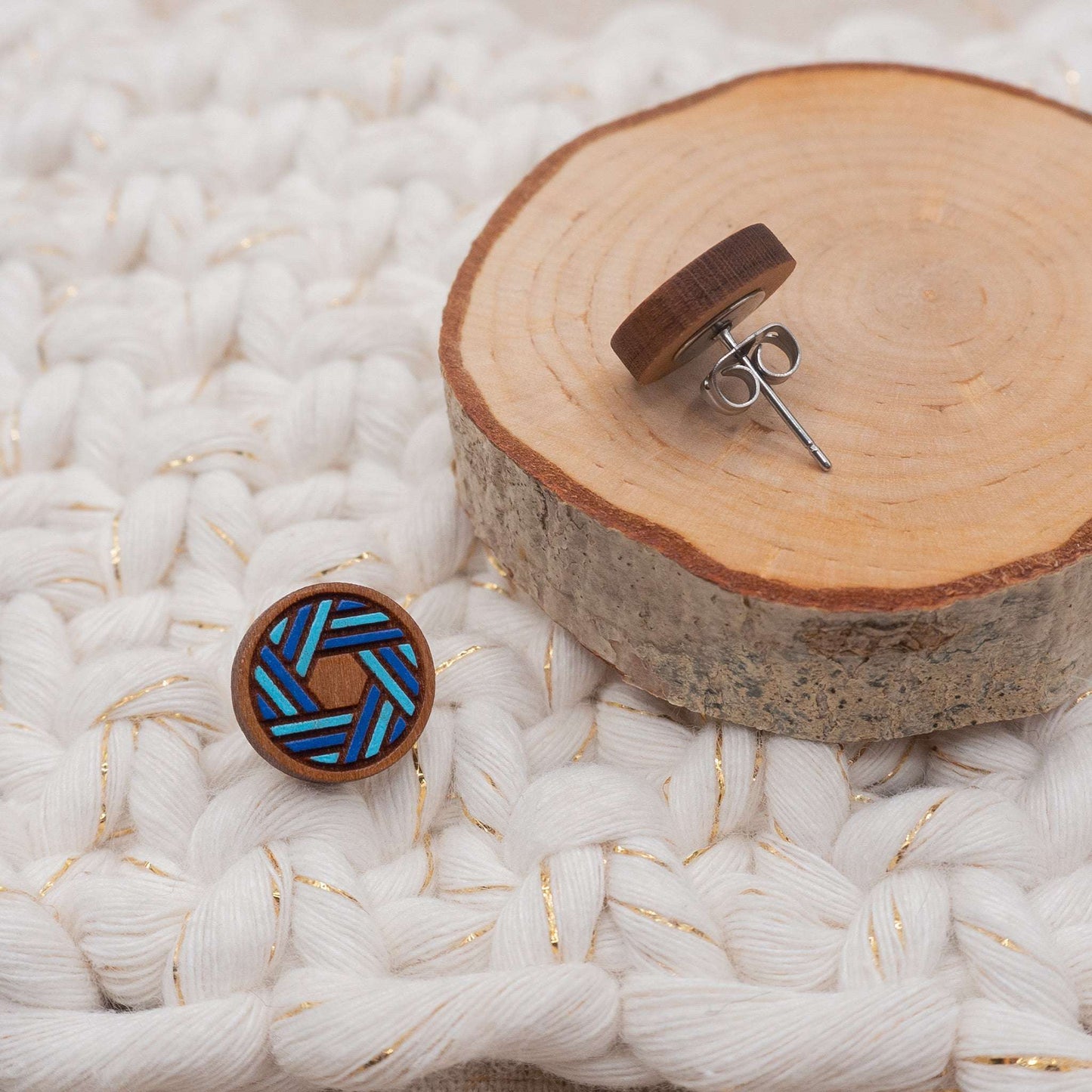 Blue knot painted stud earrings with surgical steel backs