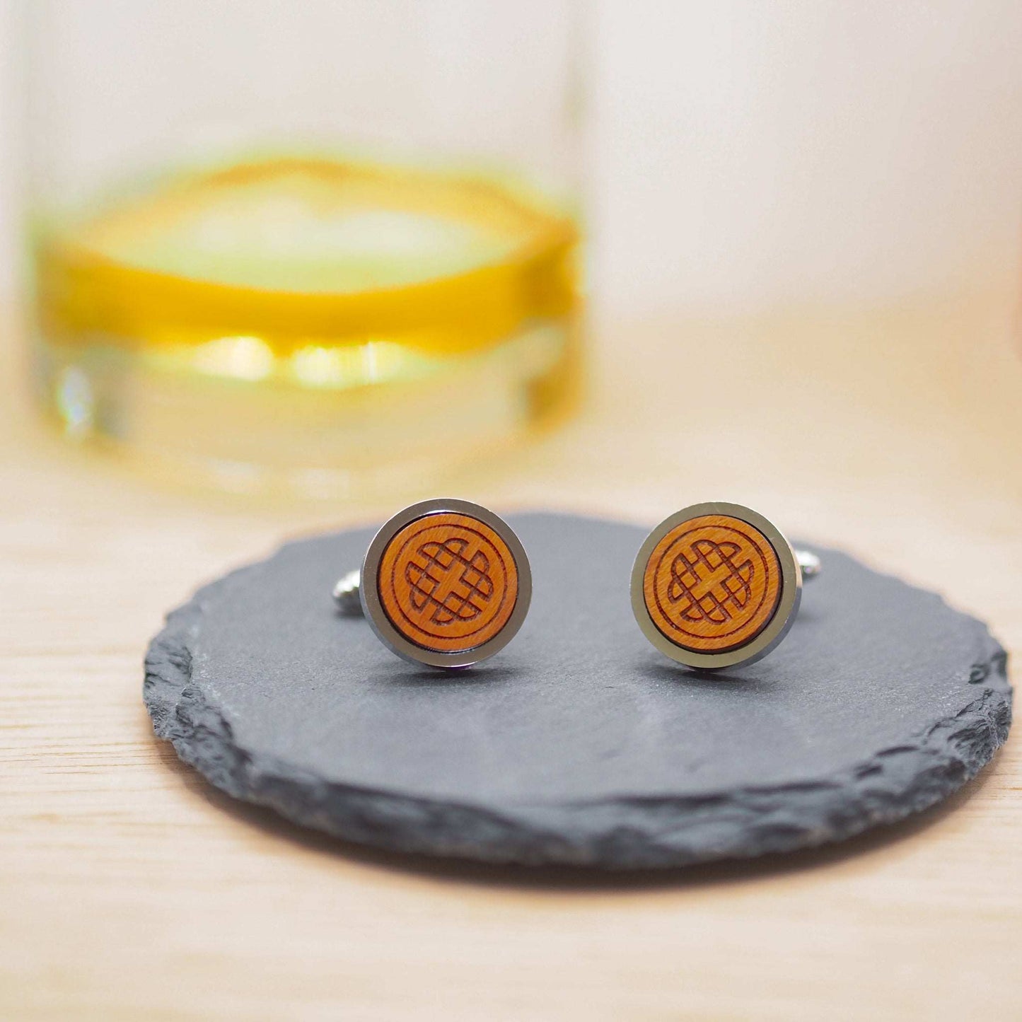 Celtic knot wooden cufflinks on slate, engraved cherry wood, silver rhodium bezel.
