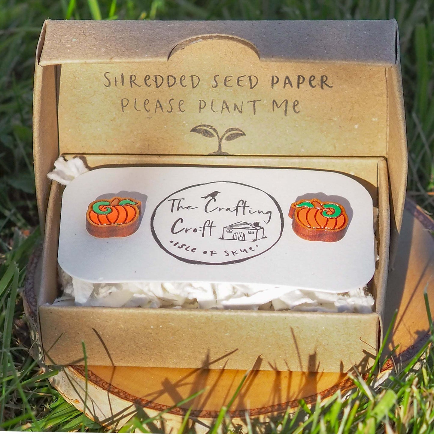 Pumpkin stud earrings presented in eco-friendly box on grass.