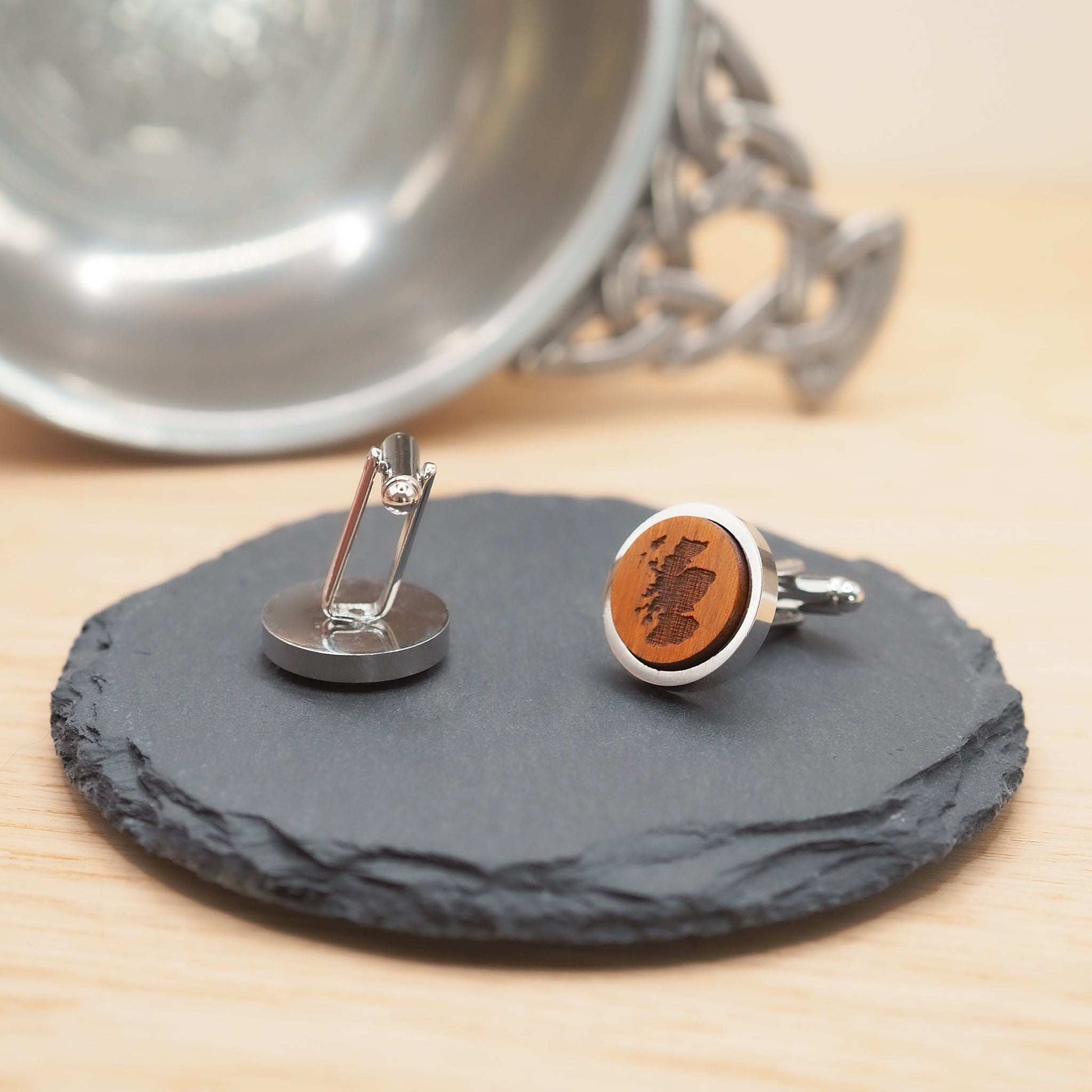 Eco-friendly Scotland outline wooden cufflinks with map engraving, silver rhodium bezel, and eco-friendly box.
