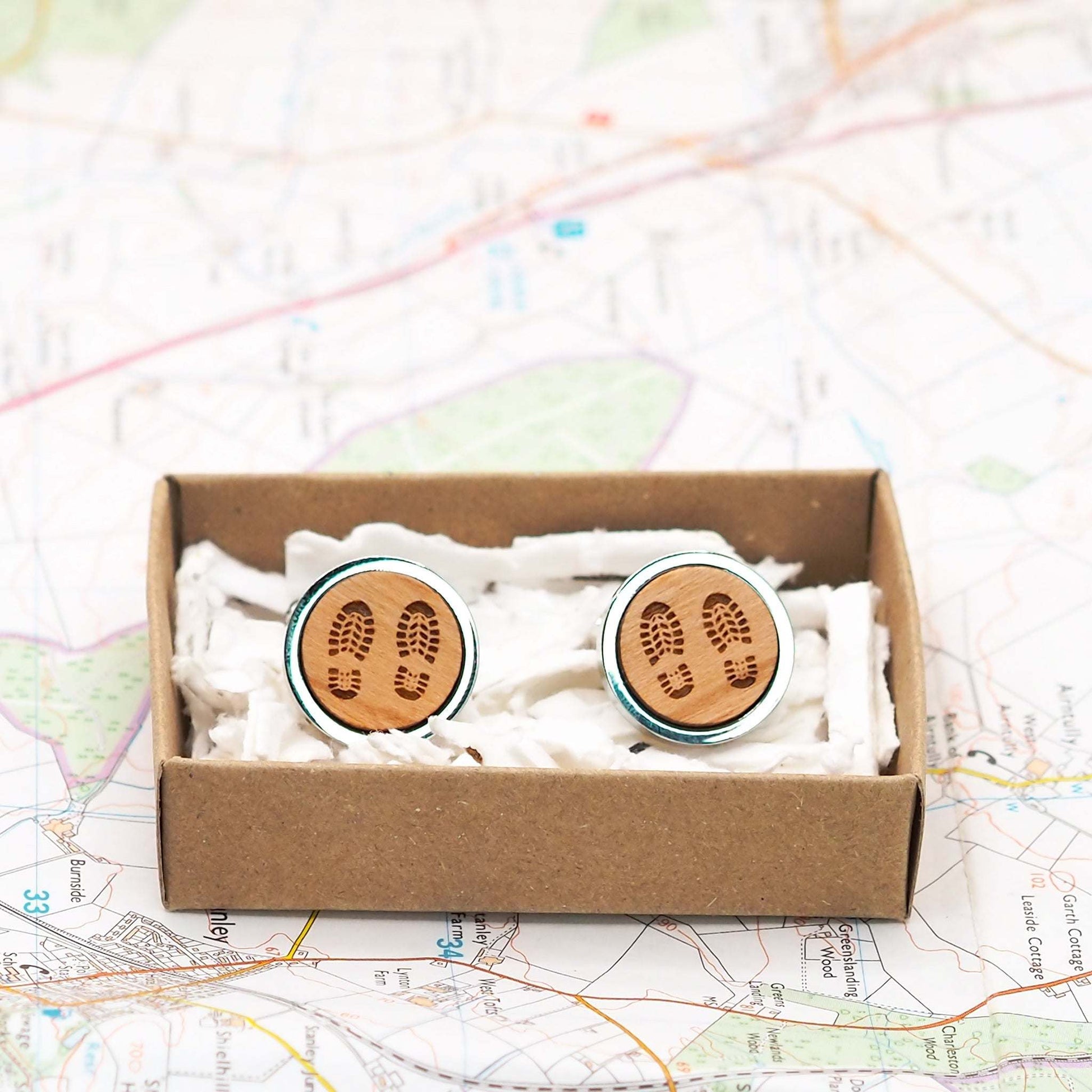 Boot print wooden cufflinks quirky hand made gift for outdoor enthusiasts