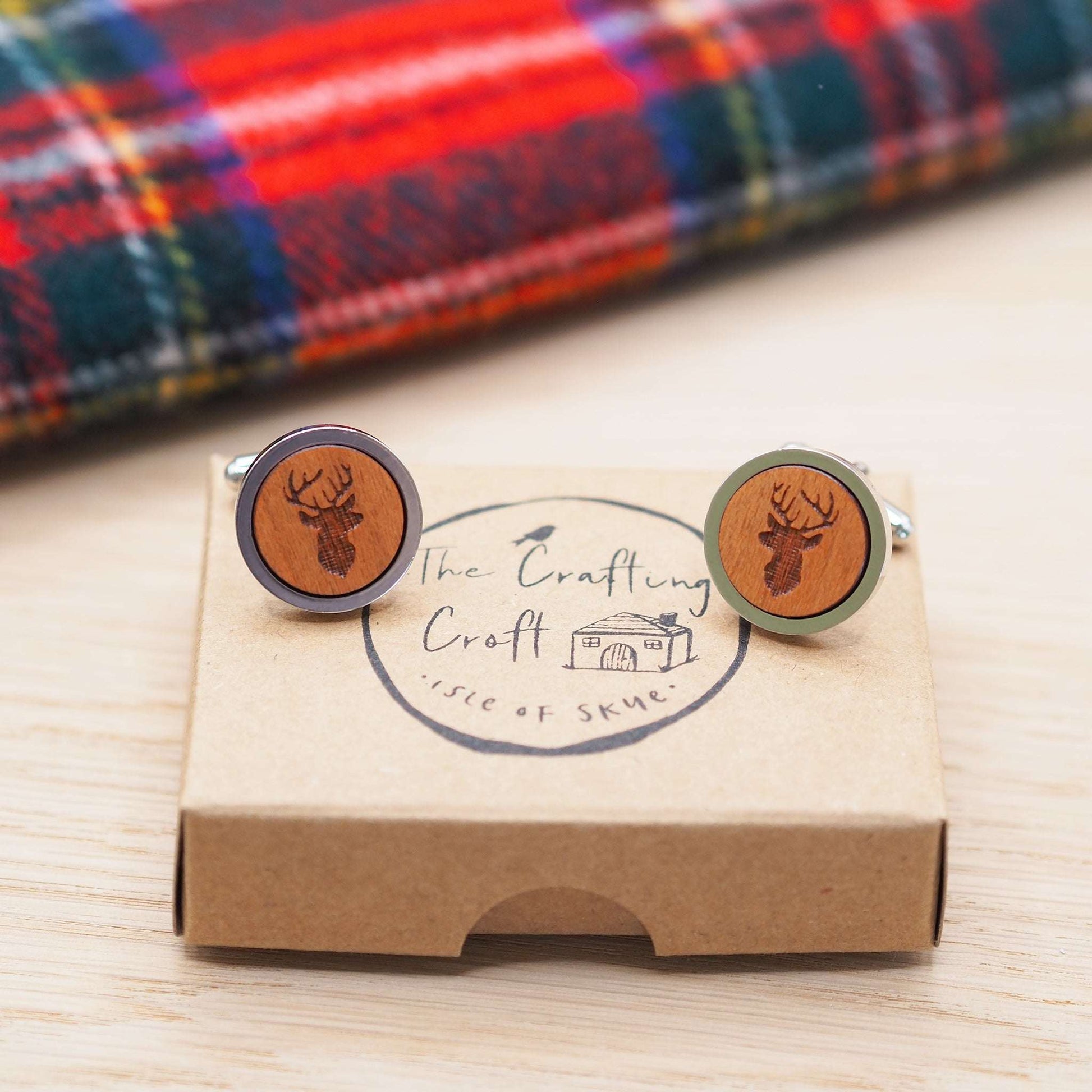 Stags head wooden cufflinks with engraved stag design in cherry wood and silver-tone rhodium bezel, eco-friendly gift box.