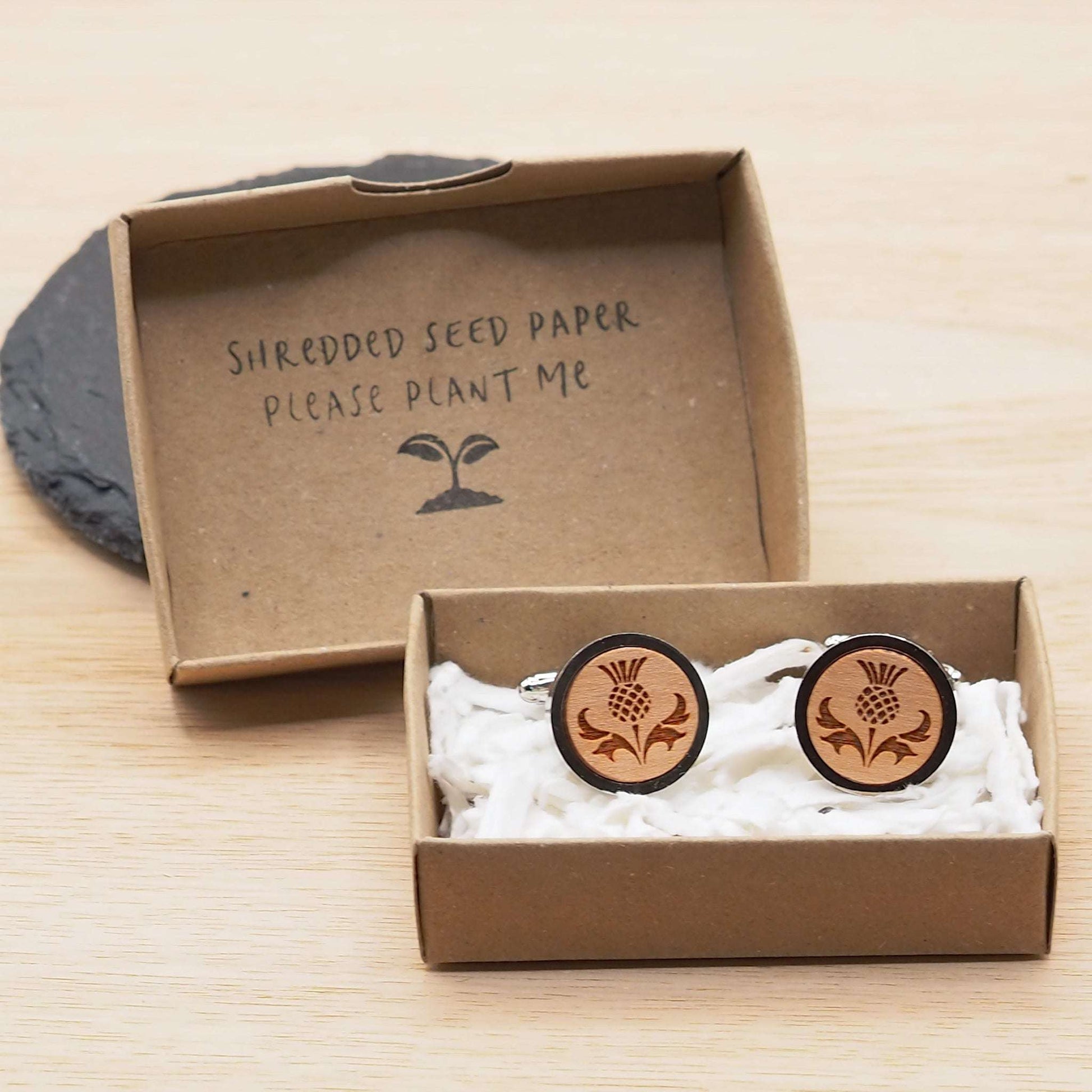 Thistle wooden cufflinks handmade on The Isle of Skye