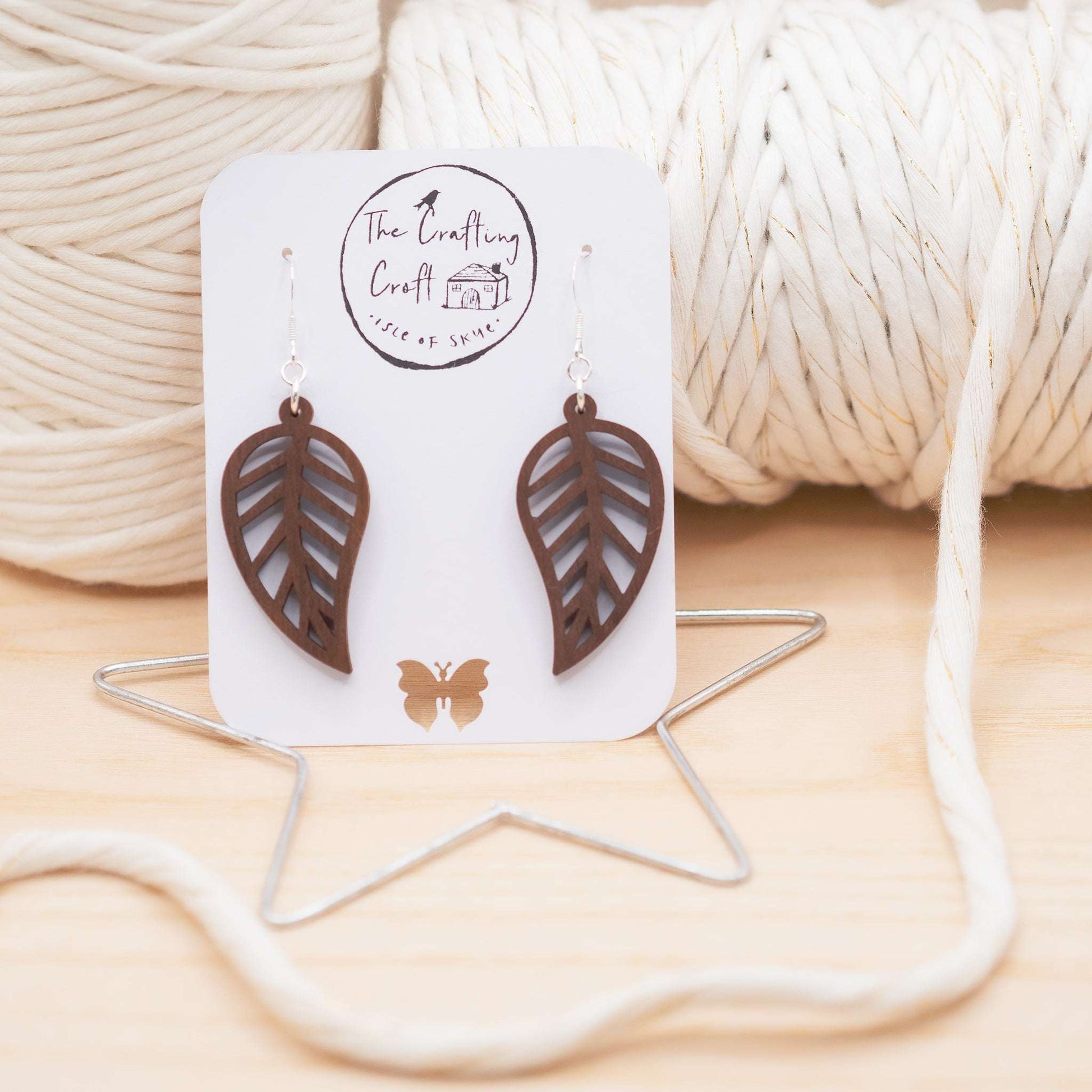 Leaf outline drop earrings laser cut and hand finished on Skye