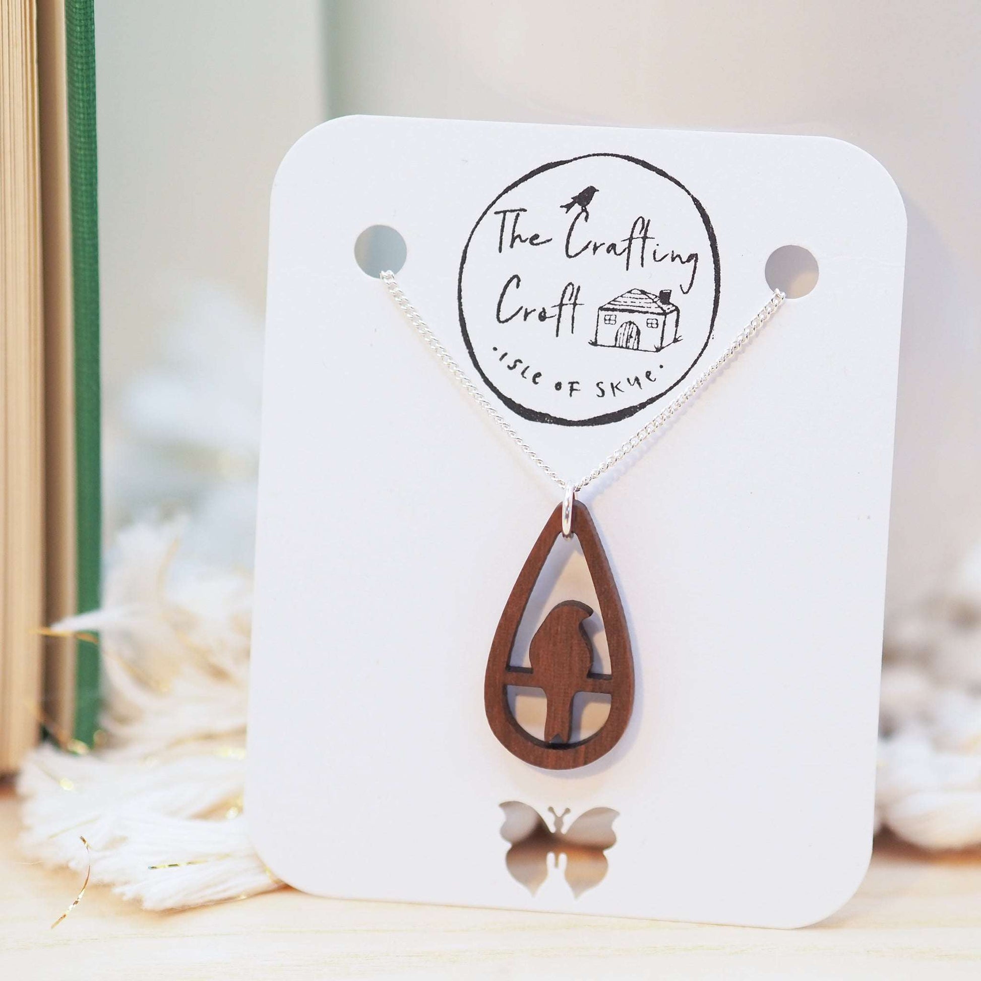 Bird teardrop necklace with walnut wood pendant on sterling silver chain, eco-friendly gift box included.