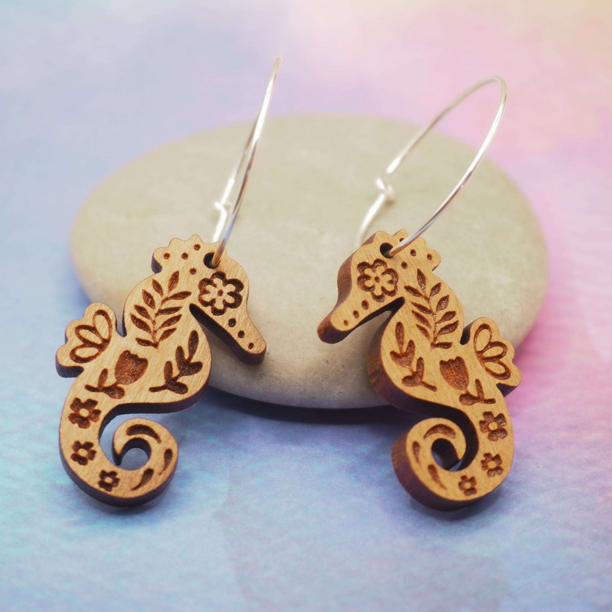 Seahorse engraved hoop earrings