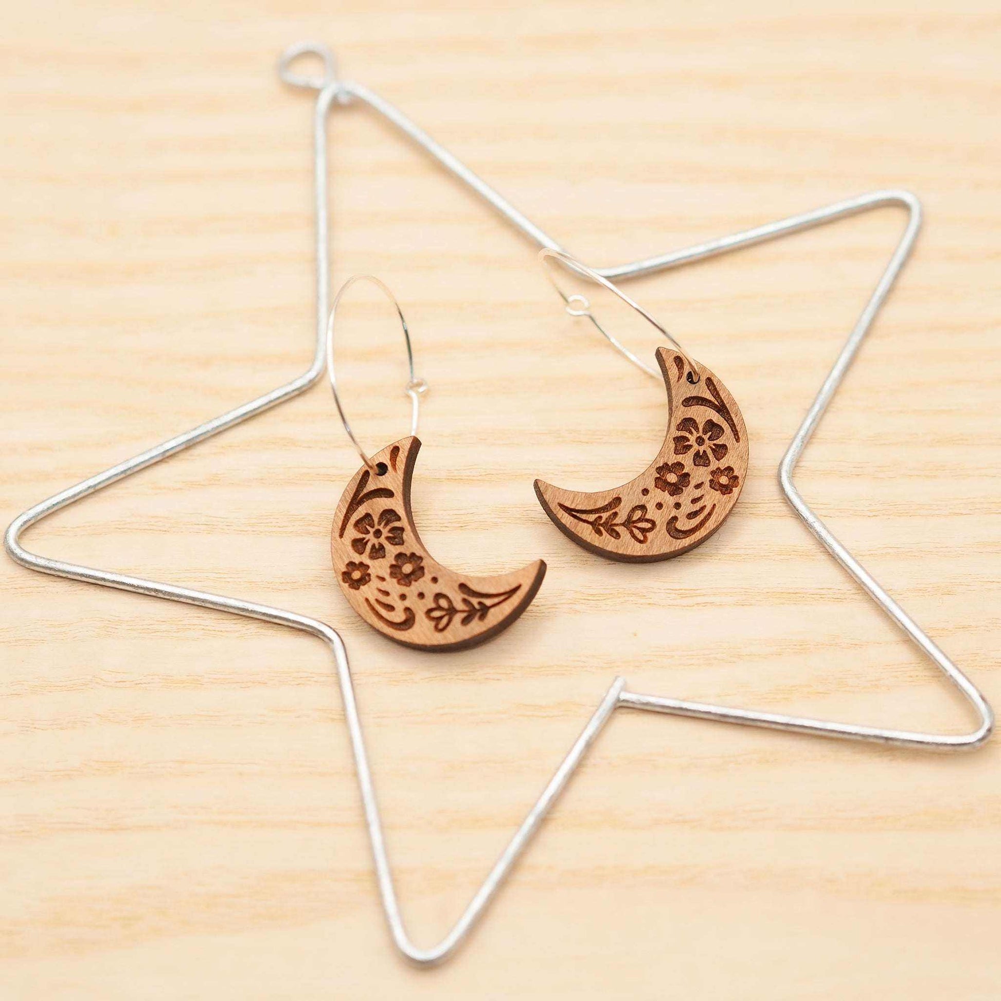 Wooden moon engraved hoop earrings with folksy pattern, cherry wood, sterling silver hoops, eco friendly.