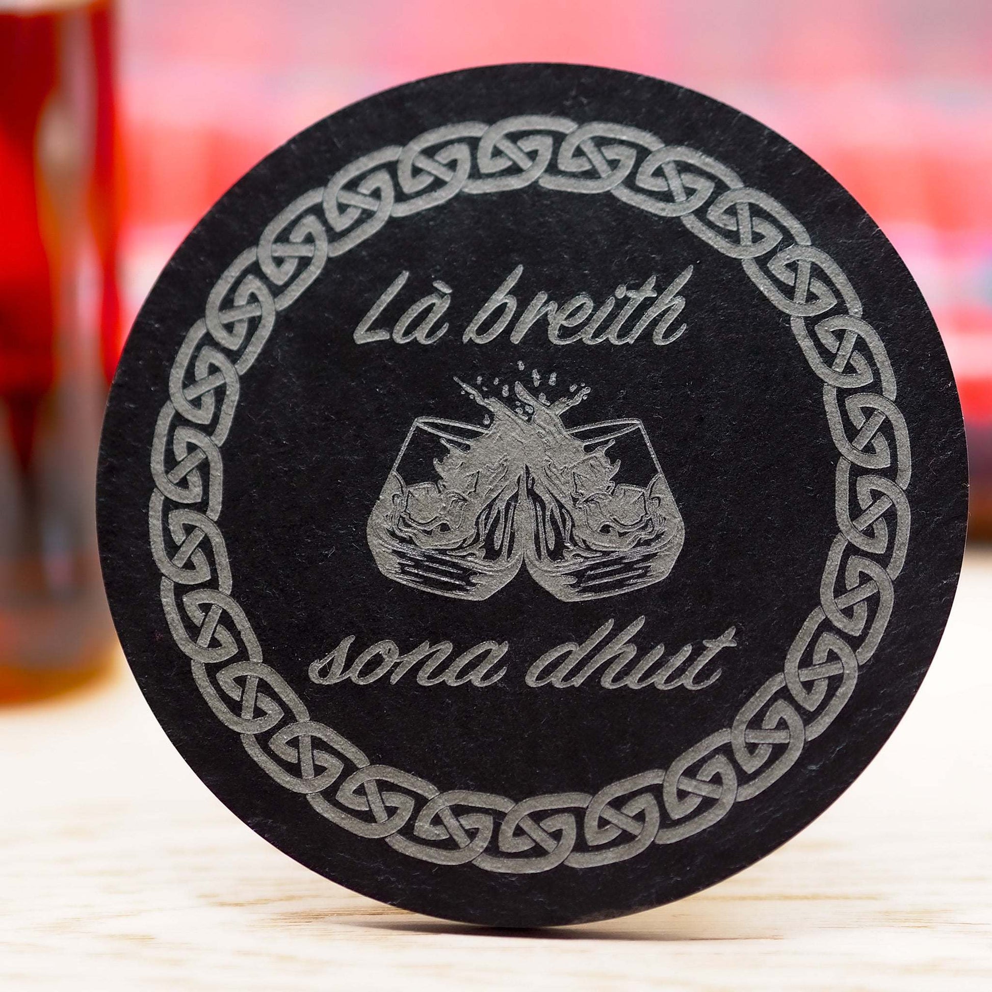 Gaelic Happy Birthday engraved slate coaster with Celtic design and drams.