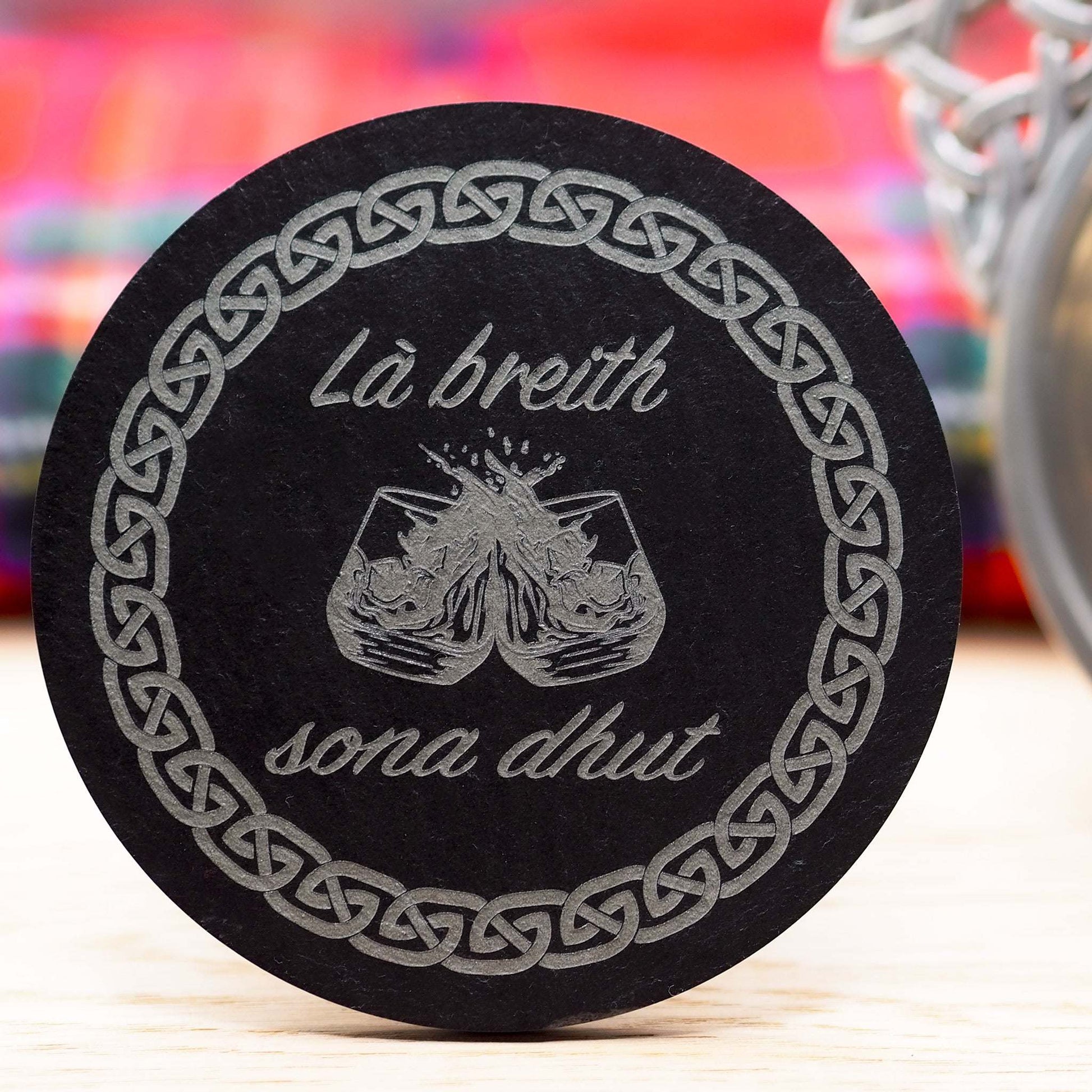 Gaelic Happy Birthday engraved slate coaster with Celtic band and drams.