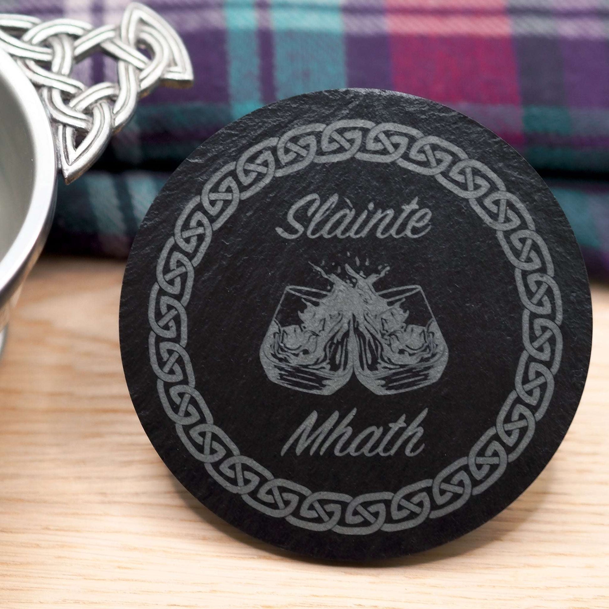 Celtic design Slainte Mhath Gaelic slate coaster with engraved Scottish toast.