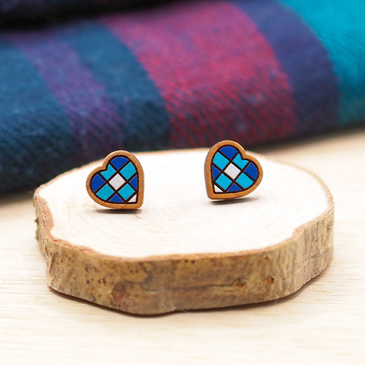 Blue Plaid Heart Stud Earrings