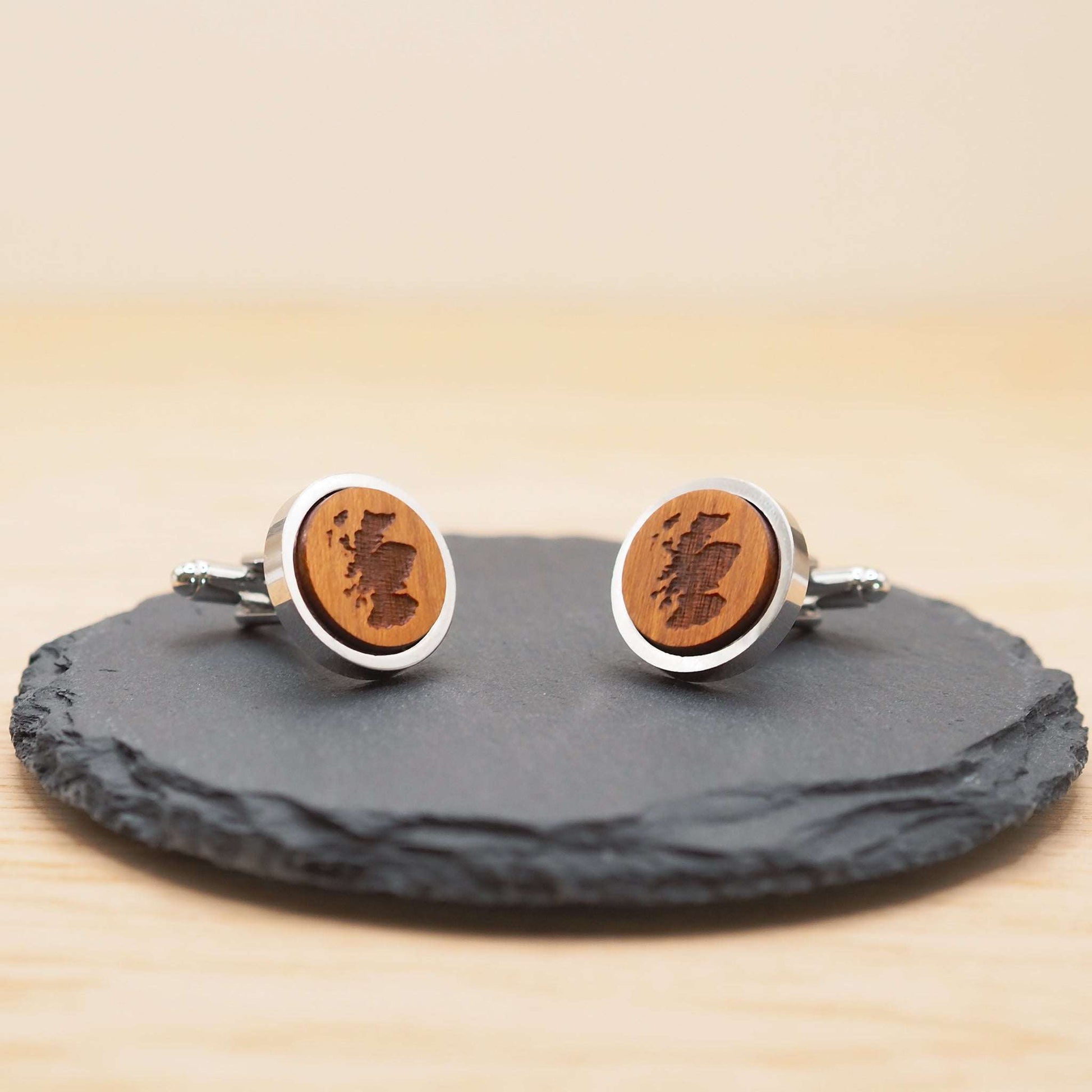Eco-friendly Scotland outline wooden cufflinks with engraved map in rhodium bezel.