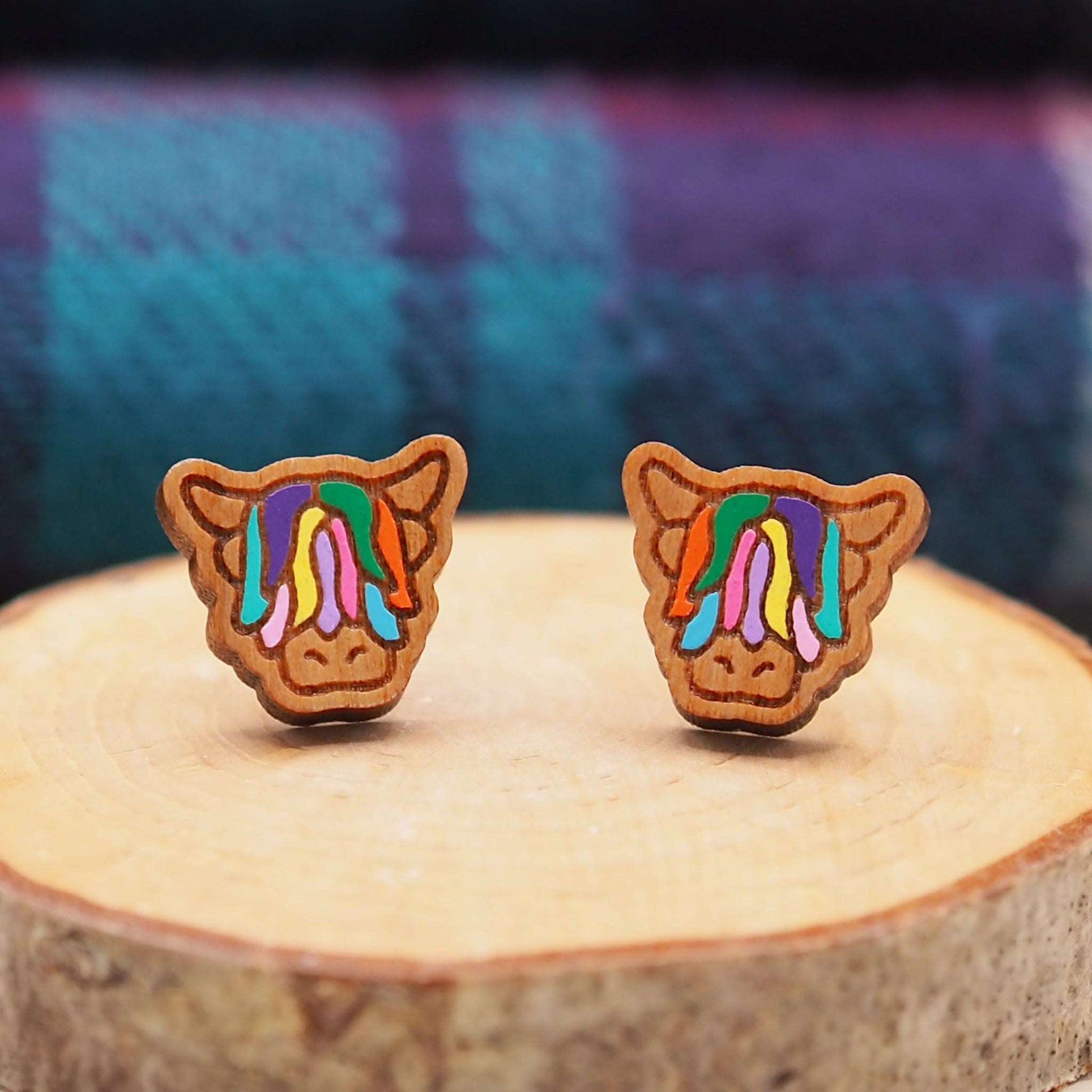 Multi-coloured Highland Cow stud earrings on wood background.