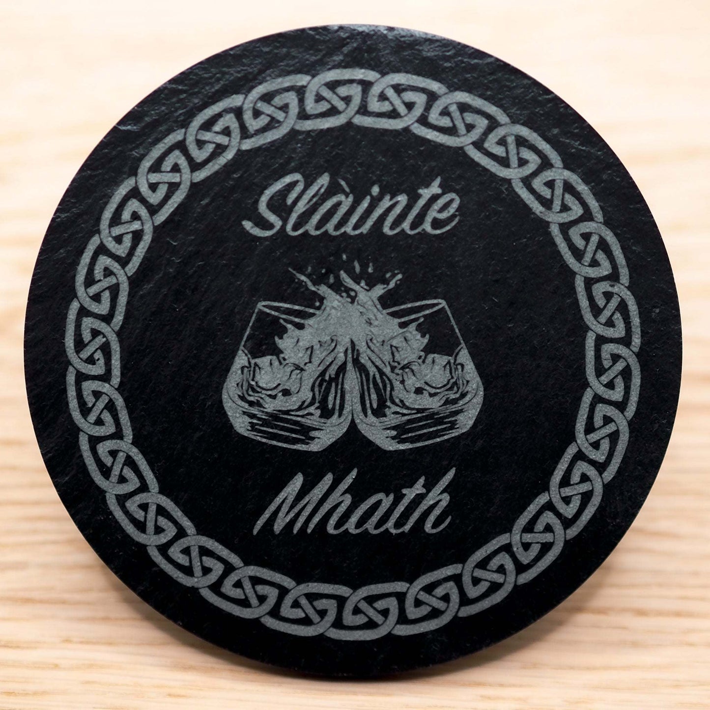 Celtic Slainte Mhath Gaelic slate coaster with engraved whisky glasses and text.