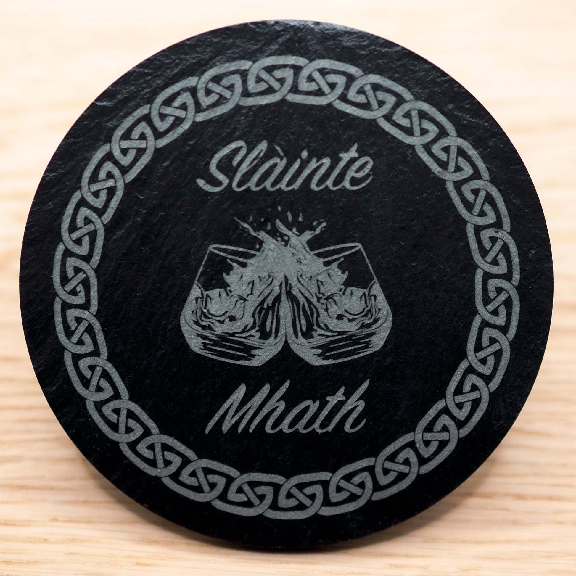 Celtic Slainte Mhath Gaelic slate coaster with engraved whisky glasses and text.