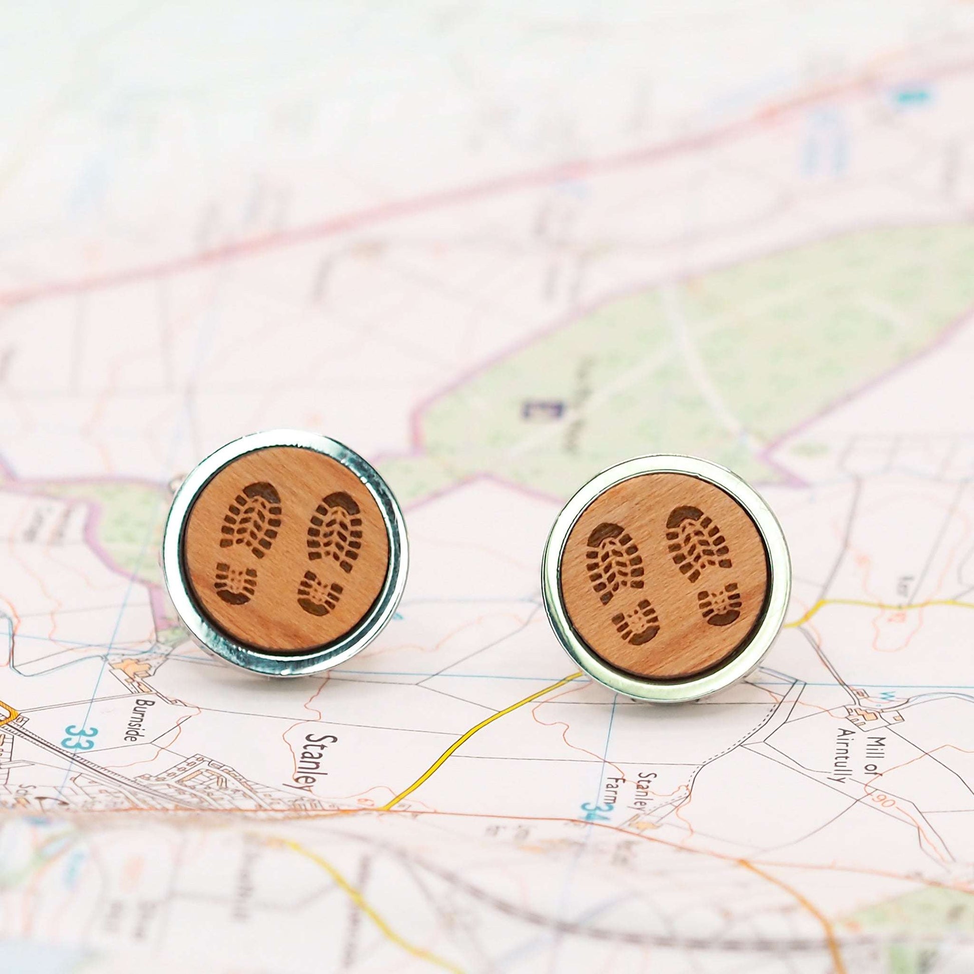 Boot print wooden cufflinks, unique mens gift