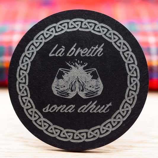 Gaelic Happy Birthday engraved slate coaster with Celtic design and drams.