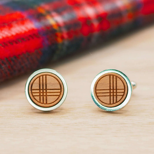Tartan inspired wooden cufflinks with engraved cherry wood on silver rhodium bases.