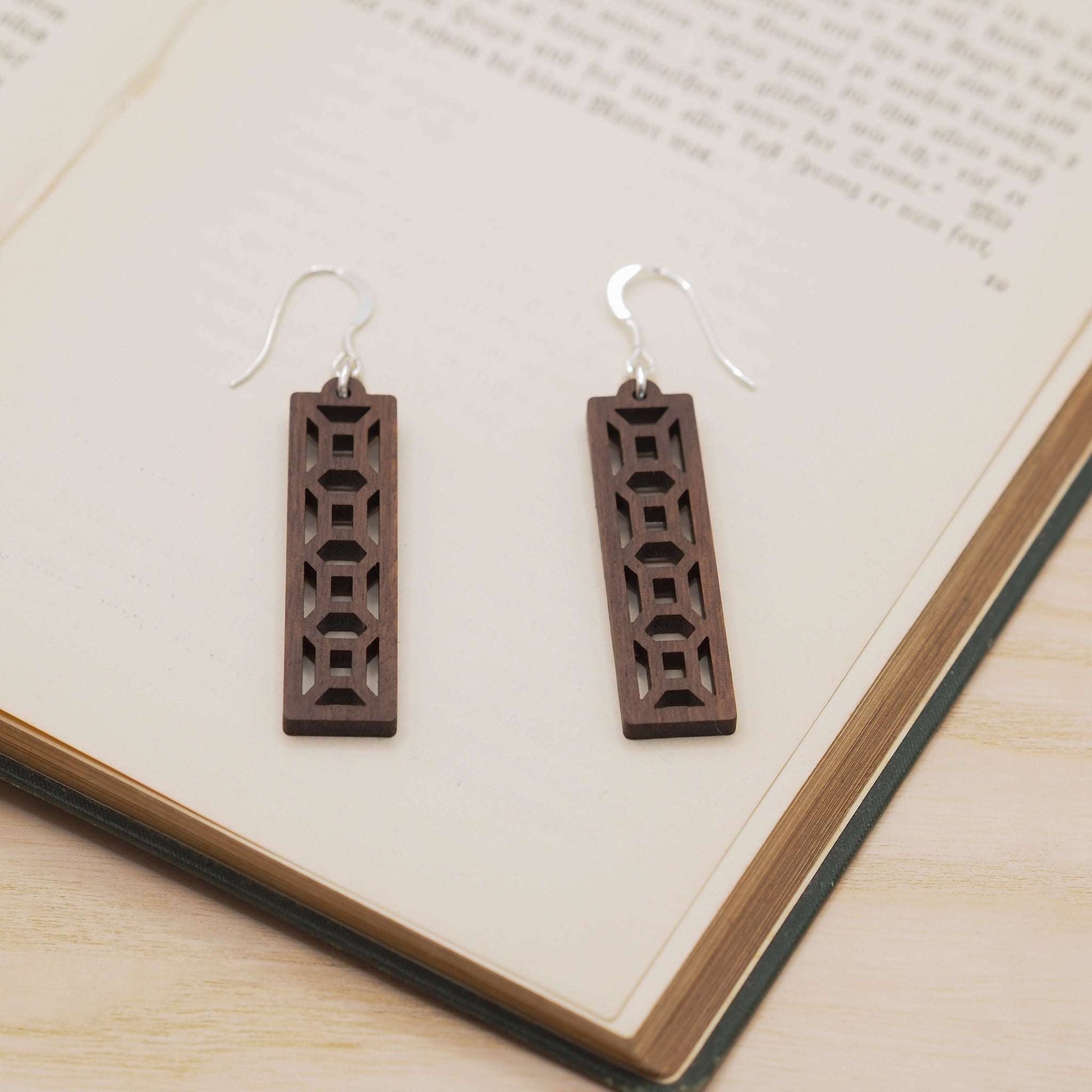Geometric stained glass inspired drop earrings laser cut hand finished on The Isle of Skye