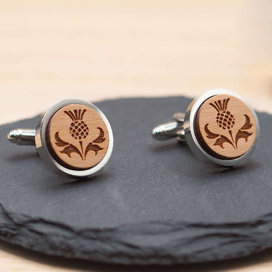 Thistle wooden cufflinks engraved on solid cherry wood.