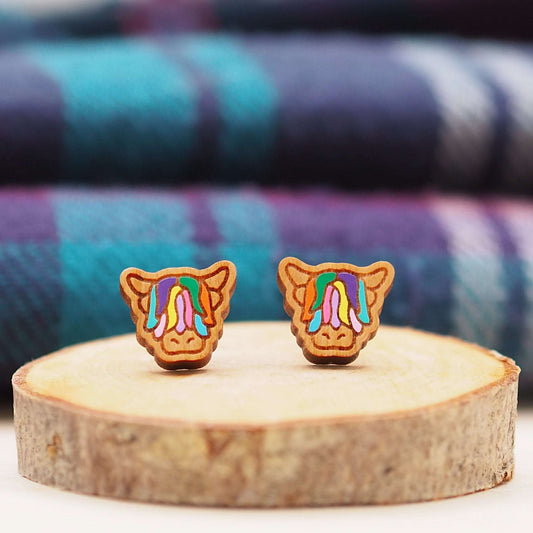 Multi-coloured Highland Cow stud earrings made from solid cherry wood with surgical steel backs, hand-painted, and eco-friendly.