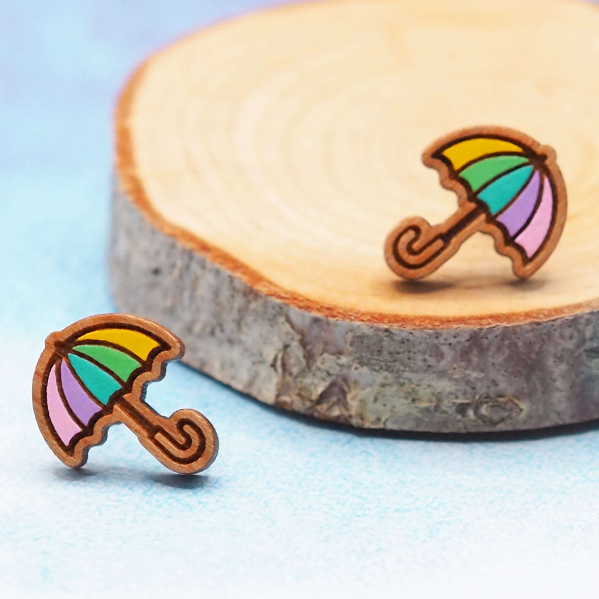 Pastel rainbow umbrella wooden stud earrings