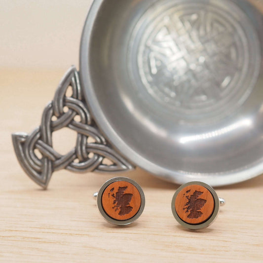 Eco-friendly Scotland outline wooden cufflinks with map engraving in rhodium bezel, ideal for gifting.