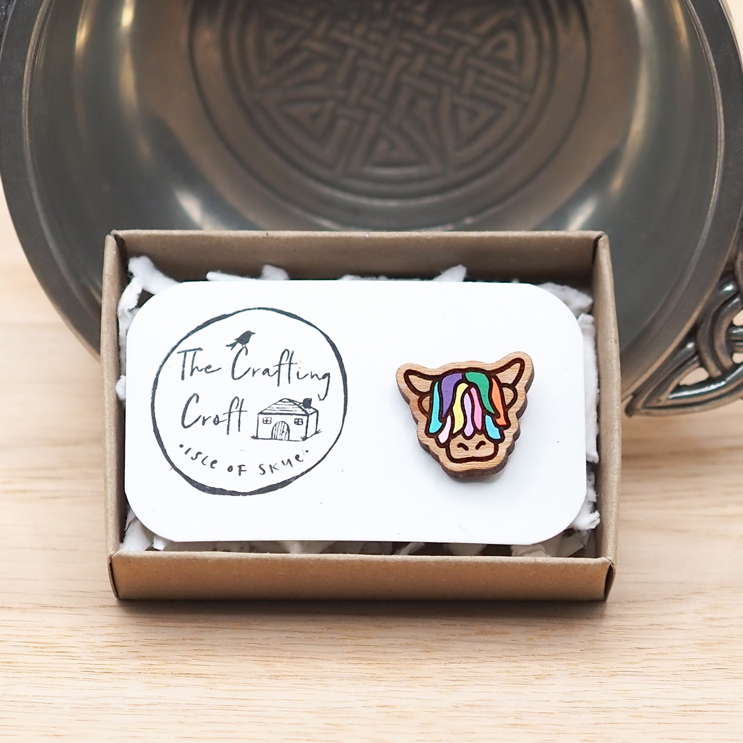 Wooden Highland Cow Pin Badge