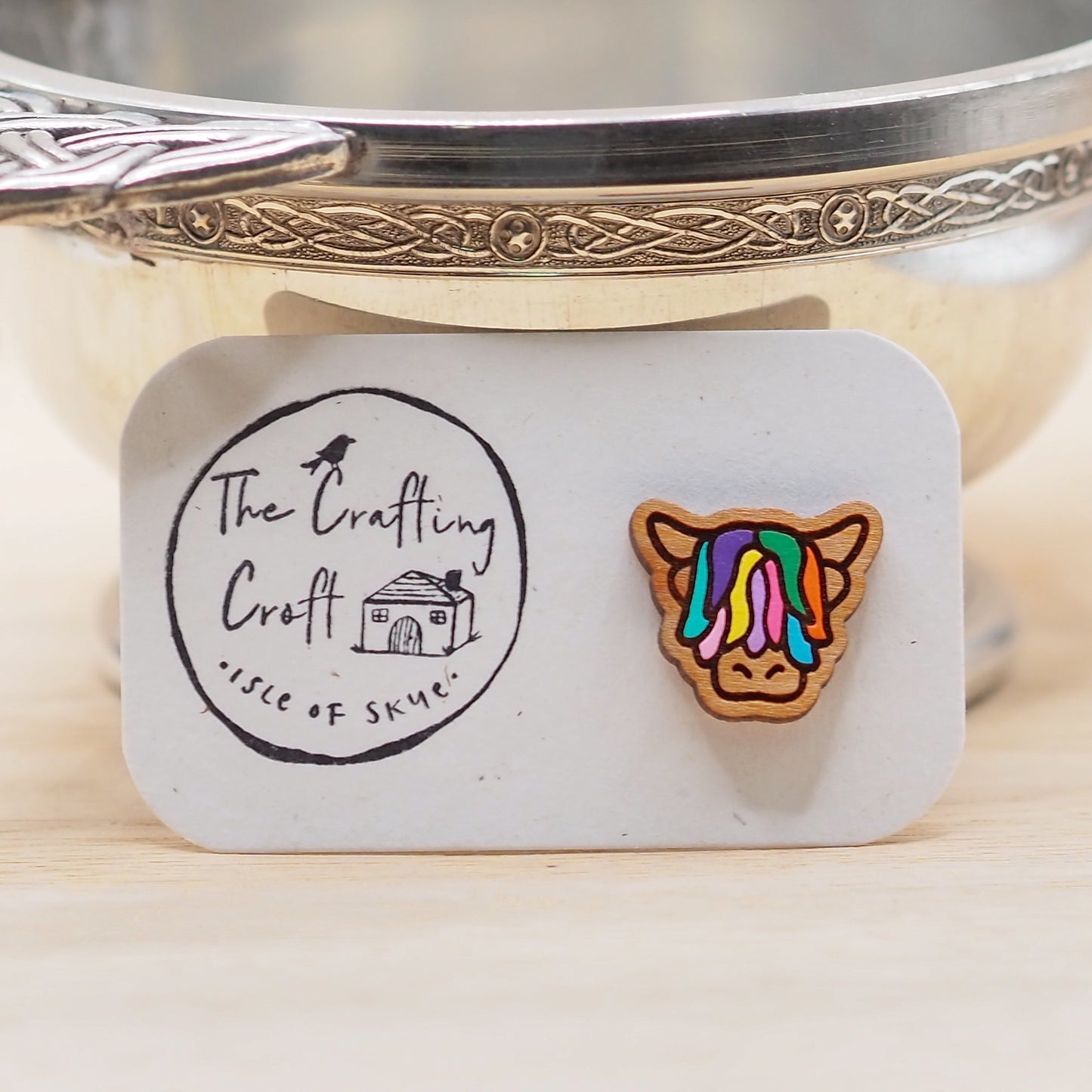 Wooden Highland Cow Pin Badge