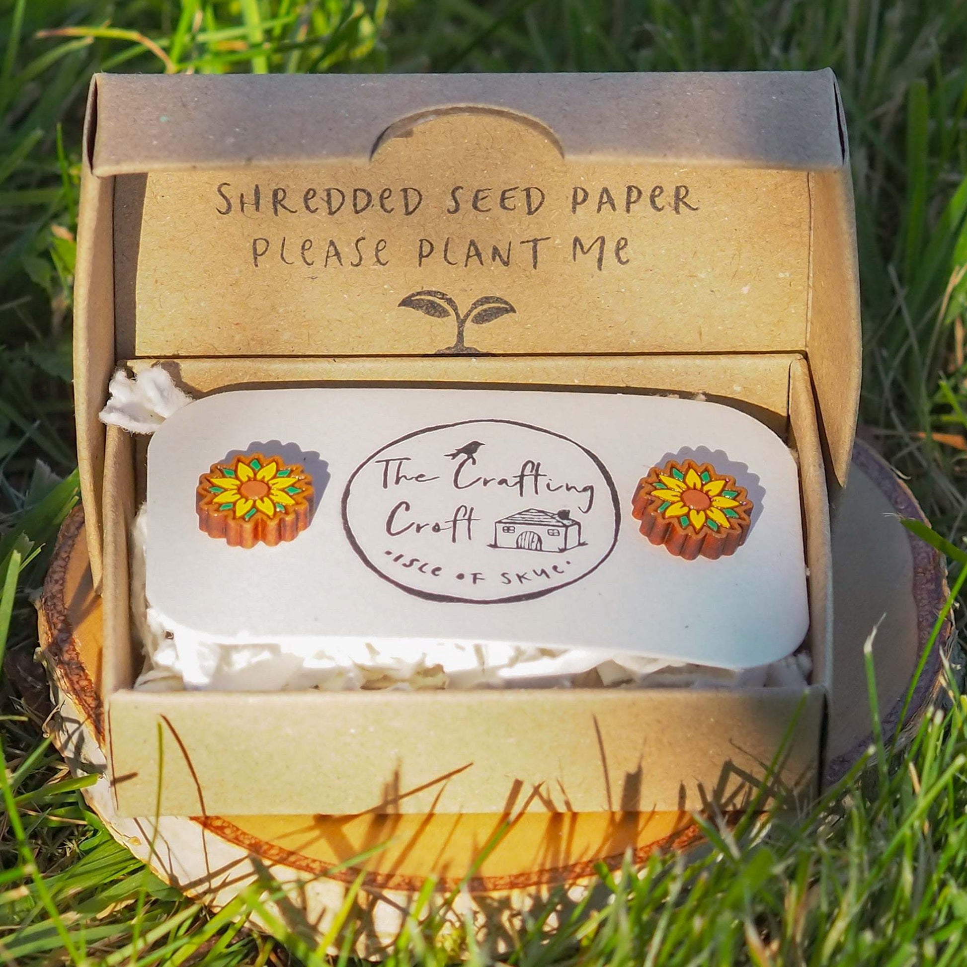 Hand-painted sunflower stud earrings in eco-friendly box, made from cherry wood and surgical steel.
