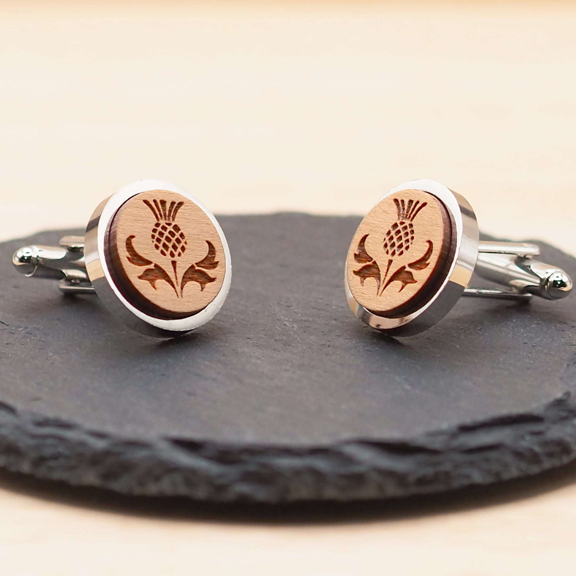 Thistle wooden cufflinks in rhodium bezels made on The Isle of Skye
