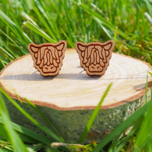 Highland Cow stud earrings made from solid cherry wood with engraved design, set on surgical steel backs.