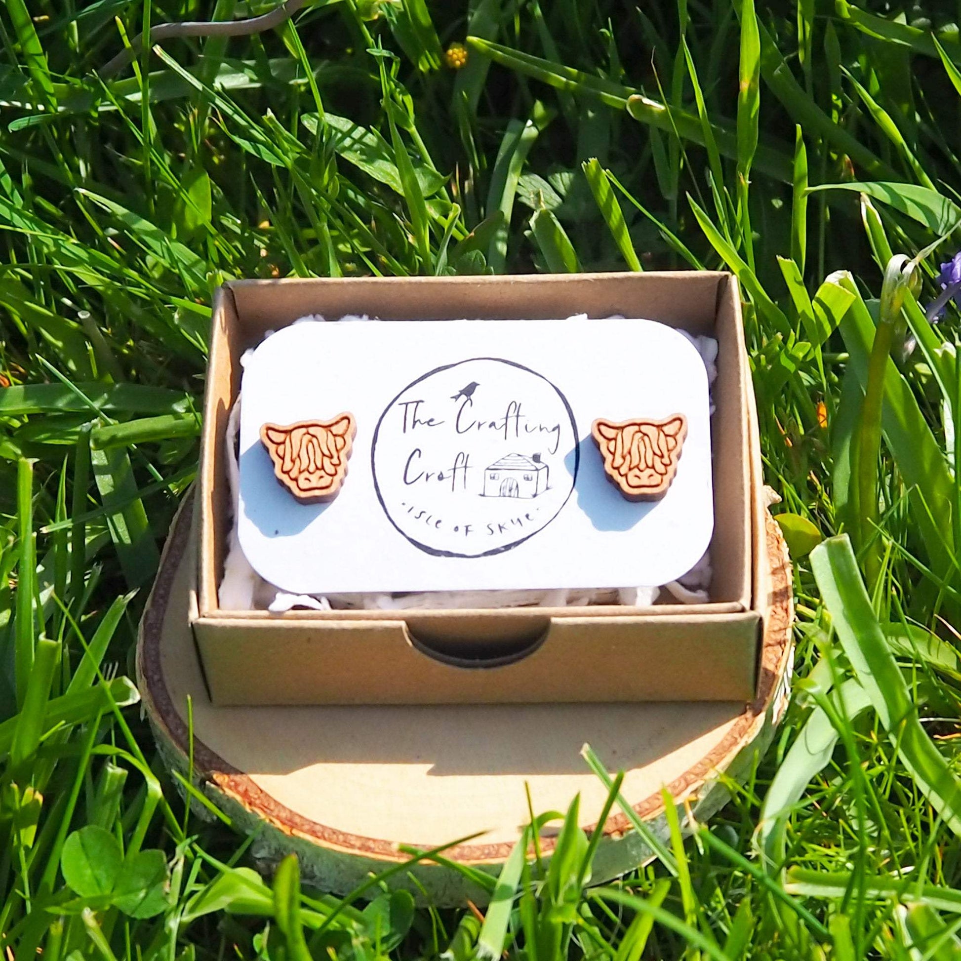 Highland Cow stud earrings made from cherry wood with surgical steel backs in eco-friendly gift box.